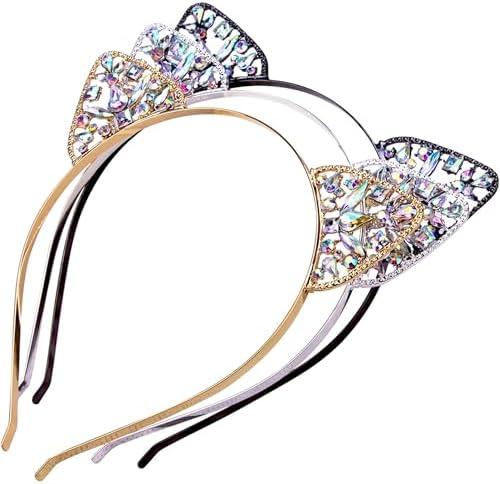 Bnikion Cat Ears Headband Rhinestone Cat Headbands Crystal Hair Hoop Women Party Headdress Cosplay Costume Headwear Halloween Makeup Handmade Headpiece Hair Band Hair Accessories 6 Pack