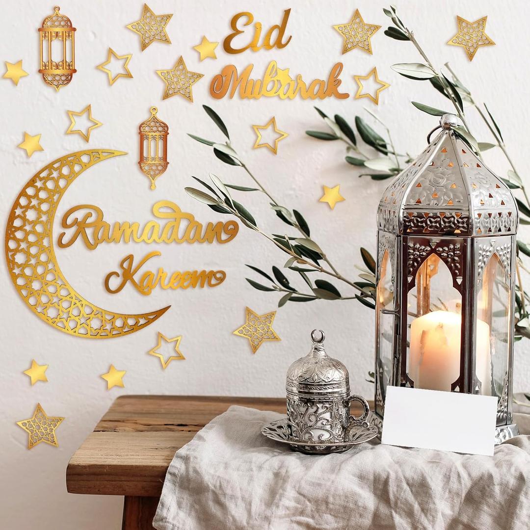 Geelin 23 Pcs Ramadan Decorations for Home 2026 Eid Ramadan Kareem Mubarak Wall Decor Islamic Wooden Gold Moon Star Lantern Wall Art Sign for Living Room Bedroom Muslim Arabic Party Supplies (Eid)
