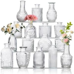 Glass Bud Vase Set of 14,, Small Flower Vases, Glass Vases for Centerpieces, Vintage Home Table Decorations Bud Vases (14 Pcs, Clear)