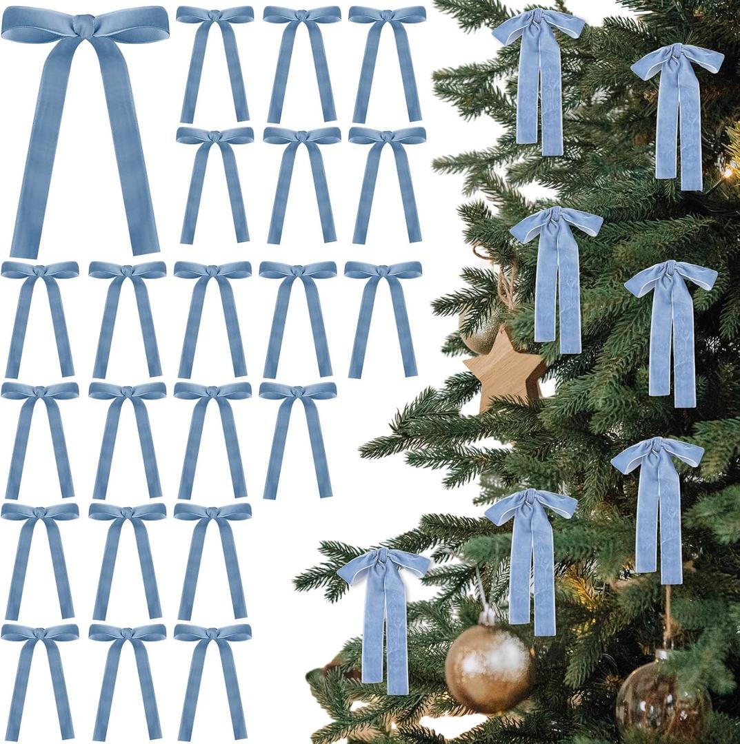 24 Pcs Velvet Bows for Christmas Tree Vintage Ribbon Bows for Crafts Garland Home Coquette Wedding Birthday Decor(5 x 7 Inch, Width of 1",Dusty Blue)