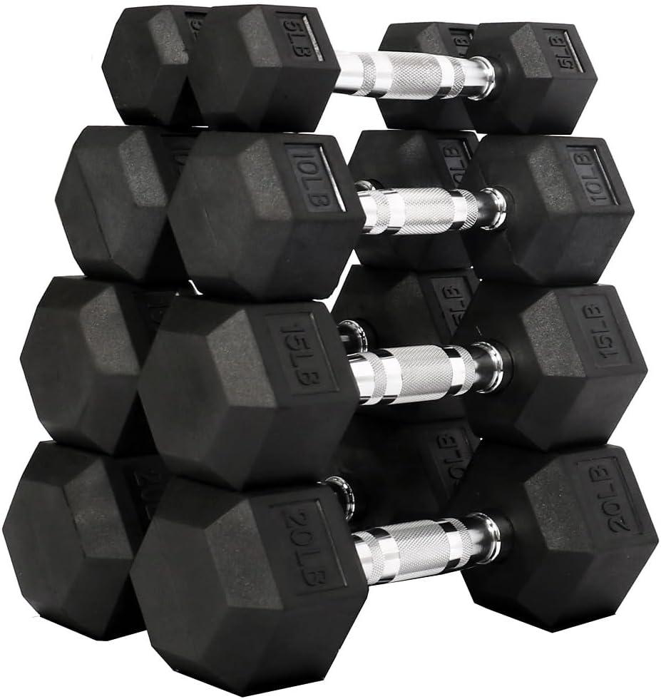Fitvids Rubber Encased Hex Dumbbell Weight Set and Storage Rack, 5-20LB Pairs