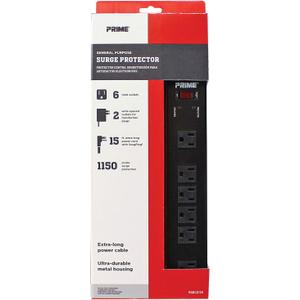 Prime Wire PB802135 6-Outlet Metal Power Workshop Surge Protector with 14-3 SJT 15-Feet Cord Black