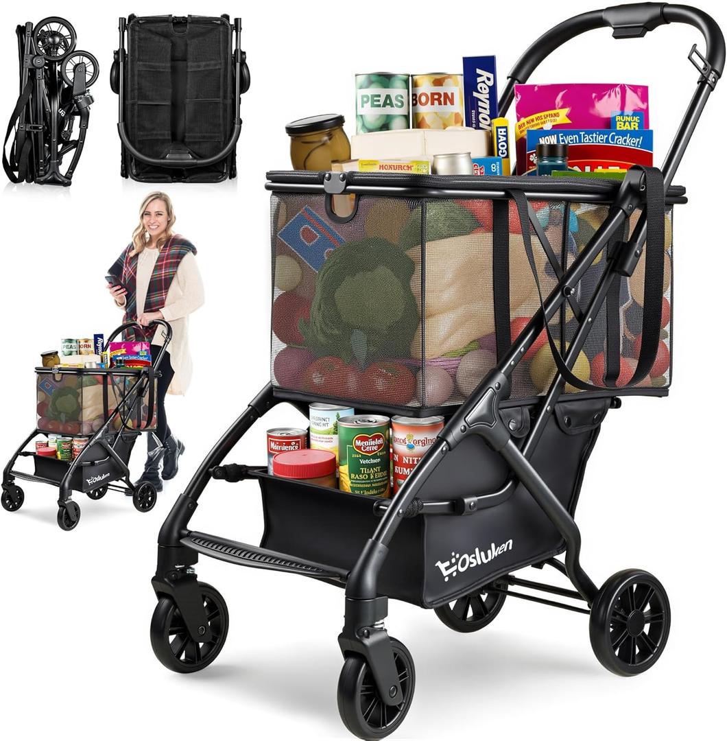 75Lbs Folding Shopping Cart, Collapsible Grocery Cart with Removable Basket & Wheels, Single Handed Folding Lightweight Portable Personal Shopping Utility Carts for Groceries, Luggage etc.