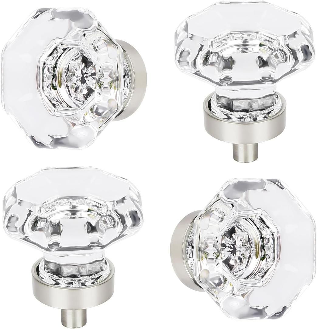 HIEMEY Crystal Drawer Pulls and Knobs 4 PCS , Brushed Nickel Glass Knobs for Cabinets and Dresser , Bathroom Kitchen Cabinet knobs, Octagon