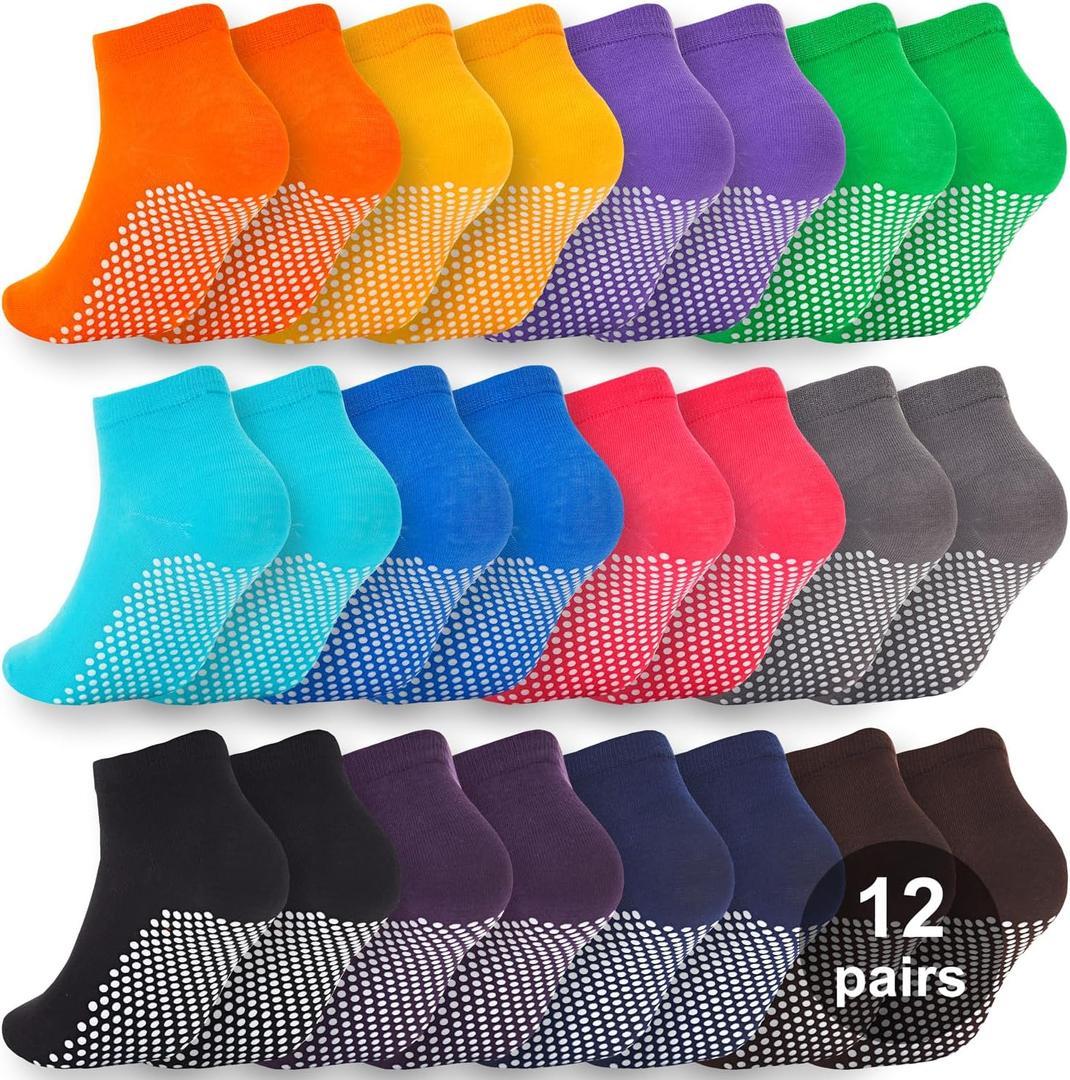 Grip Pilates Socks for Women & Men- Adults Bulk Non Slip Anti Skid Sticky Grippy Sock for Hospital Yoga Barre (5.5-9, Dot Pattern/Multicolor(12 Pairs))