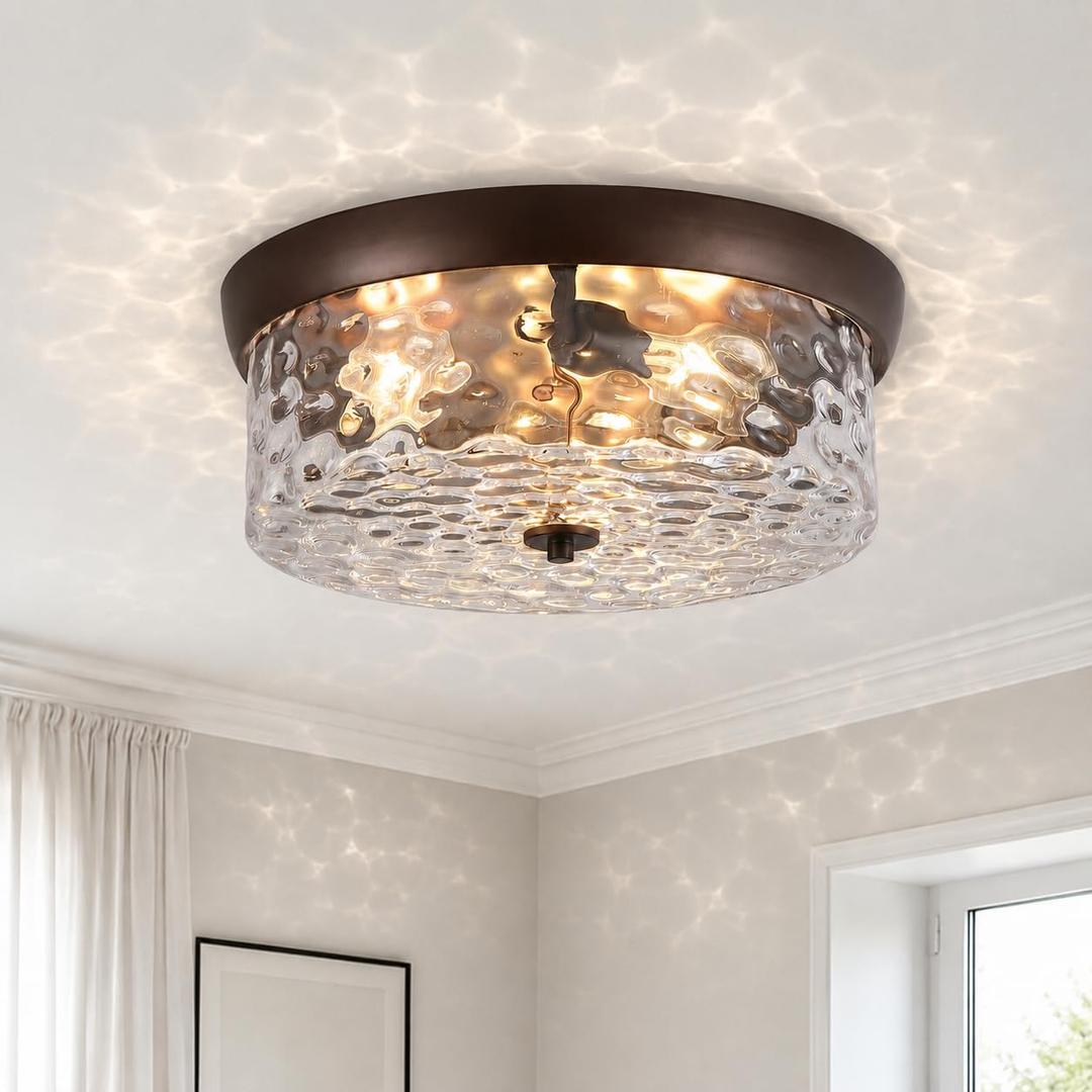 16 Inch Hammered Glass ORB Flush Mount Ceiling Light