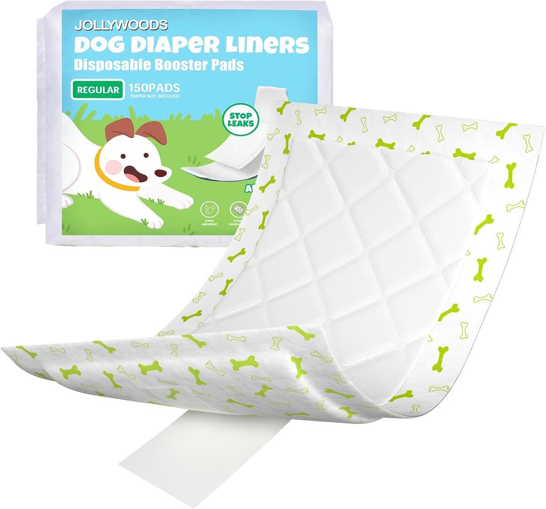 Jollywoods Dog Diaper Liners 150Pcs, Disposable Diapers Inserts for Male & Female Dogs, Booster Pads Fit Reusable Dog Belly Bands, Male Wraps and Period Diapers, Super Absorbent Leakproof Regular