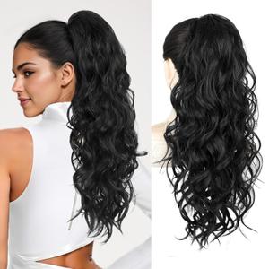 HMD Ponytail Extension,24 Inch Claw Clip Wavy Ponytail Extension Synthetic Pony tails Hair Extensions for Women Fluffy Natural Soft Hairpiece for Daily Party Use (Black)