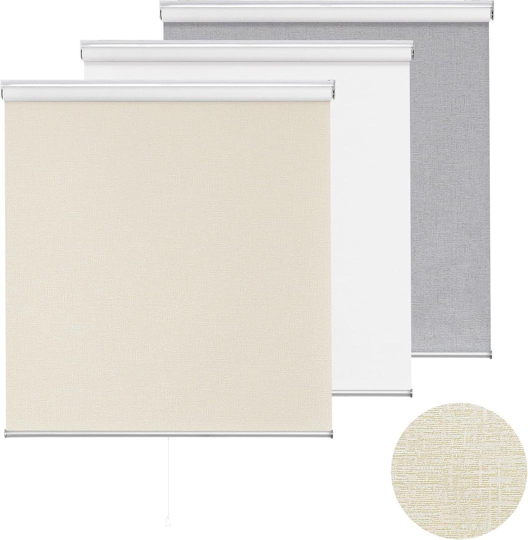 ChrisDowa Cordless 100% Blackout Roller Shade, with Striped Jacquard, Thermal Insulated, UV Protection Fabric, Total Blackout Blinds for Window, French Doors, Home and Office. Beige, 34" W x 72" H