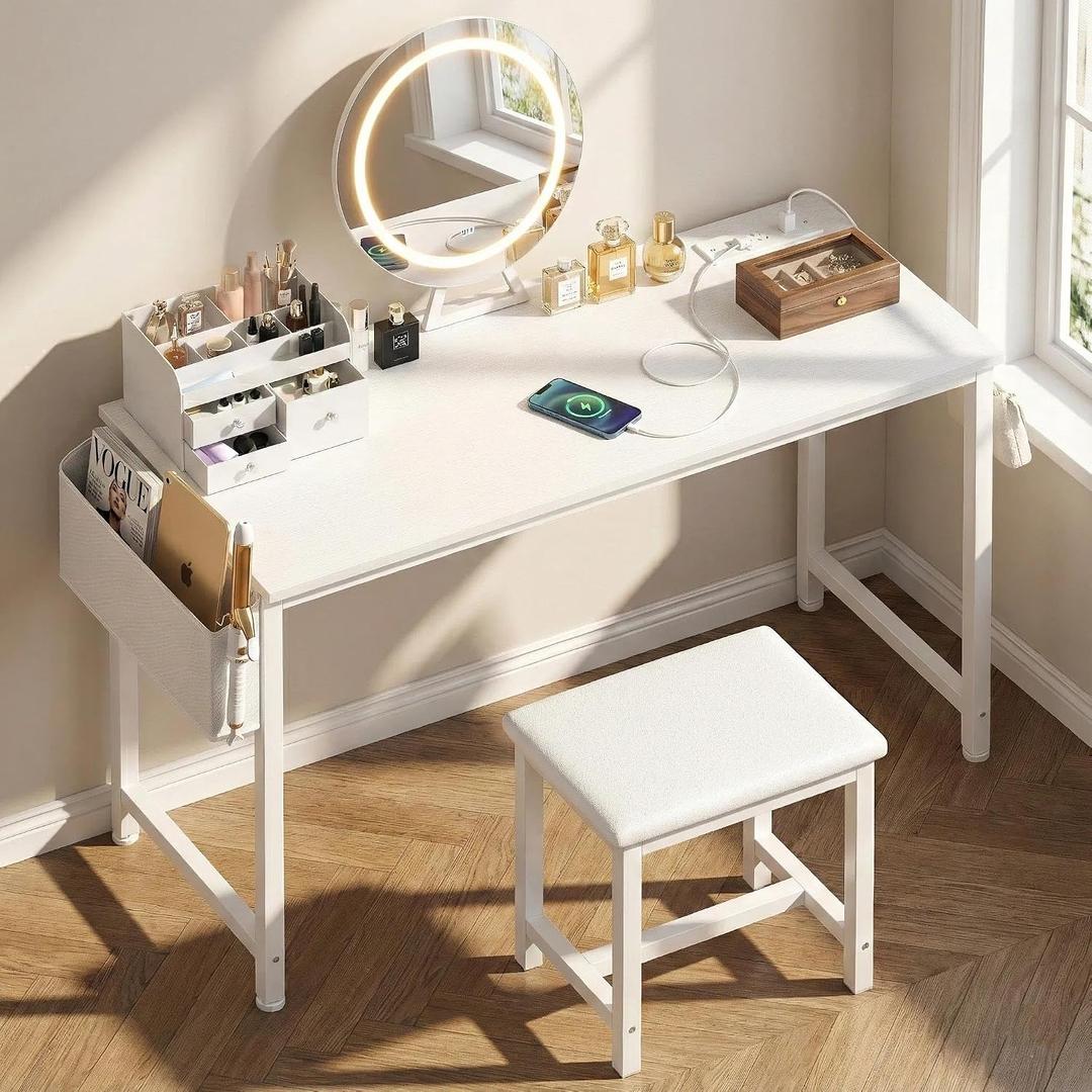 White Vanity Table with Lighted Mirror - 47 White Vanity Desk with Mirror and Lights & Chair, Makeup Vanitys Set with Power Outlet, Dressing Table Vanities for Girls Bedroom