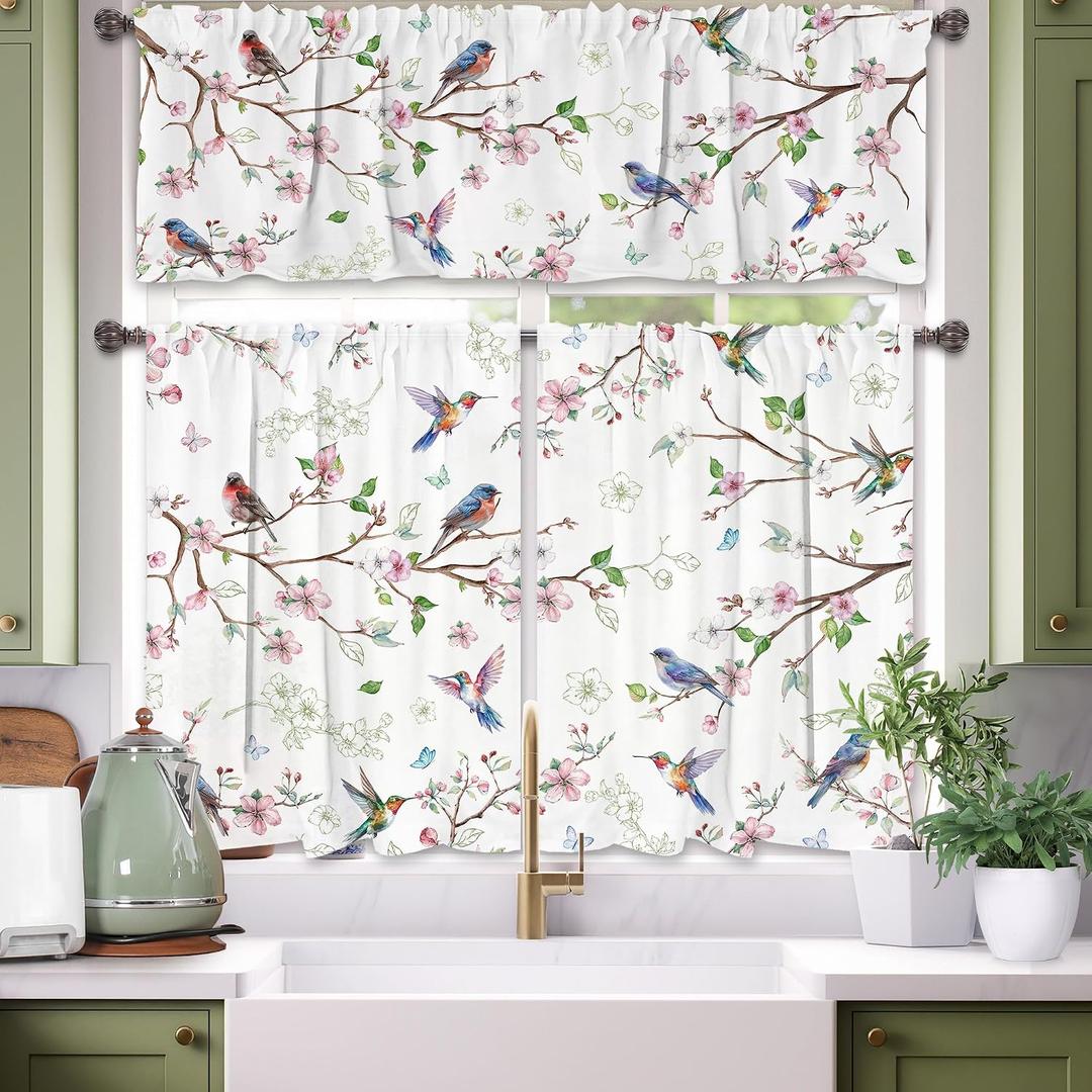 Spring Kitchen Curtains and Valances Set 3 PCS for Window, Floral Bird Spring Kitchen Decor for Bahtroom, Home - Laundry Farmhouse Short Curtains 54" w x 18" L and 27" w x 36L