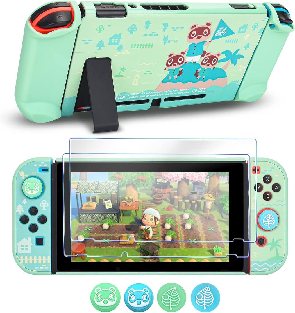 DLseego Protective Case Design for Switch Model, Newest Pattern Animal Crossing Design Cover Case with 2 Pcs Glass Screen Protectors and 4 Pcs Cute Thumb Grip Caps Green Accessories Set
