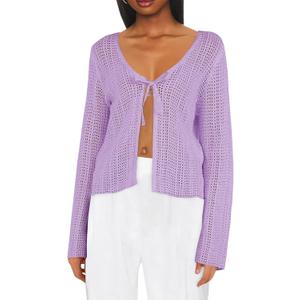 2 x Saodimallsu Womens Summer Crochet Lightweight Cardigans Tie Front Mesh Knit Long Sleeve Casual V Neck Beach Cover Ups (Purple)