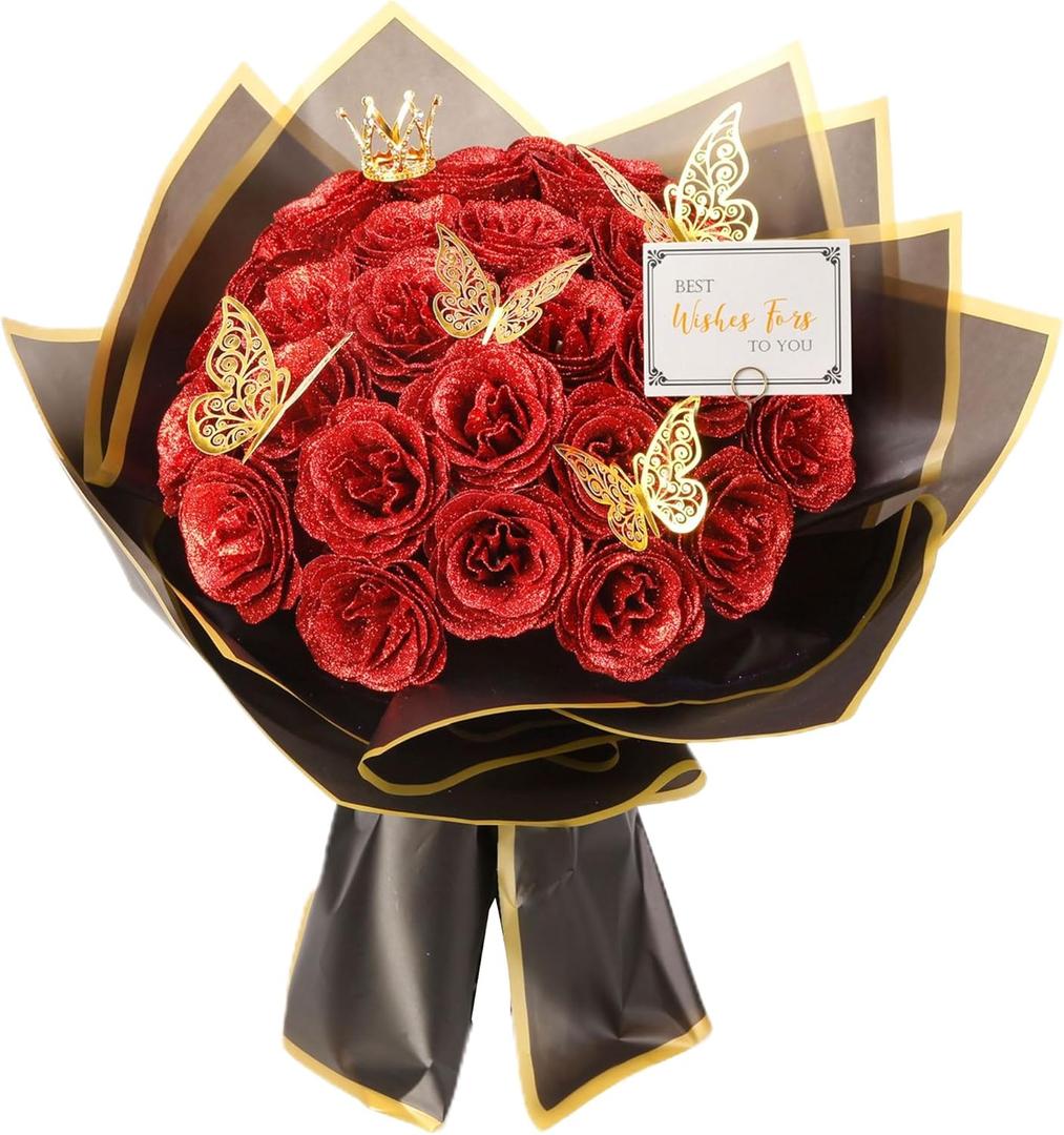 Red Glitter Roses Bouquet, 30 Pcs DIY Fake Flowers Bouquet, Everlasting Shiny Artificial Rose Bouquet for Valentine's Day, Anniversary, Engagement, Wedding