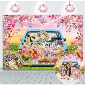 Spring Easter Backdrop Happy Easter Eggs Blue Car Floral Garden Photography Background Kids Children Baby Shower Birthday Home Party Decorations (7x5FT)