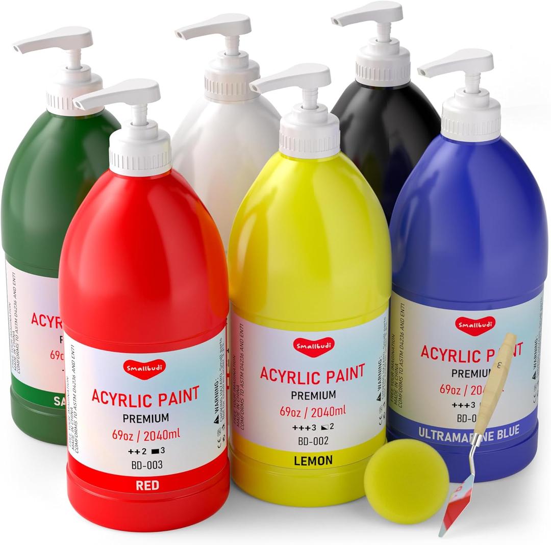 6 Colors Super Large Acrylic Paint Set (69 oz, 2040ml) Art Painting Bulk Supplies Non Toxic for Kid & Adult, Drawing on Multi Surface Canvas Fabric Rock Wood Ceramic, with Press Pump Paint