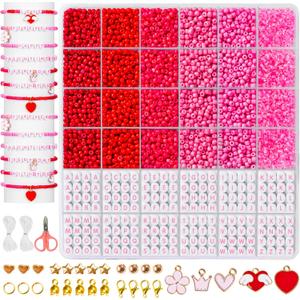 Goldwise Valentines Day Friendship Bracelet Kit for Adults  Pink Glass Seed Beads, 6 Unique Styles, Letter Beads and Charms, Romantic Jewelry Gift for Couples