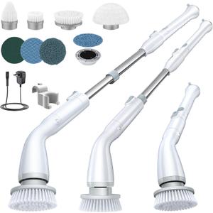LABIGO Electric Spin Scrubber, Cordless Cleaning Brush Scrubber with 7 Replaceable Brush Heads and Adjustable Extension Handle, IPX7 Waterproof Power Cleaning Brush for Bathroom Tub Floor Tile Shower (Crisp-white)