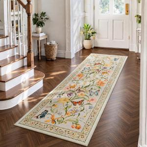 2x6 Kitchen Runner Rugs Non Slip Washable, Beige Floral Runner Rug for Hallway Bedroom Bathroom, Pet & Kids Friendly, Soft Low Pile Stain Resistant Foldable Floor Carpet