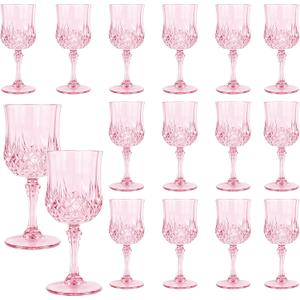 16 Pack Plastic Wine Glasses,10oz Unbreakable Vintage Style Goblets,Reusable Crystal Like Drinking Glass for Wedding Reception, Party Supplies (Pink)