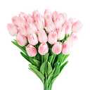 Kisflower 30Pcs Latex Tulips Real Touch Pink Artificial Flowers Fake Tulips Arrangement Bouquet for Home Office Wedding Decor (Pink)