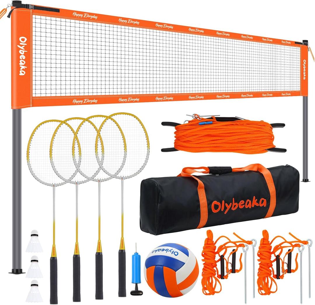 Outdoor Volleyball Badminton Combo Set with Net, Anti-Sagging Design, 4 Badminton Rackets, 3 Birdies and PU Volleyball for Backyard Lawn Beach