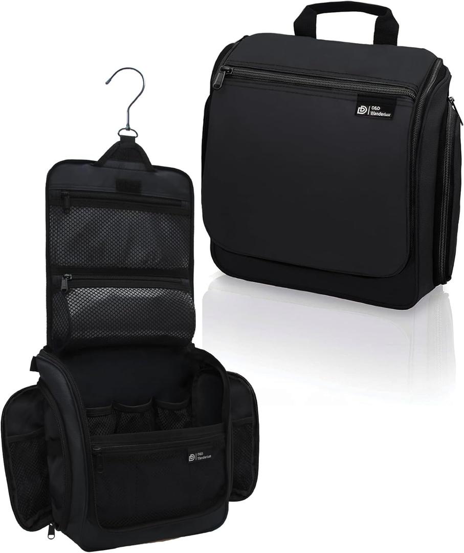 D&D Wanderlust D&D Hanging Travel Toiletry Bag for Men and Women  Cosmetics, Makeup and Toiletries Organizer Kit with 10 Compartments (Black Large)