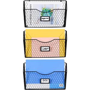 PAG 3 Pockets Hanging File Holder Wall Mount Mail Organizer Metal Chicken Wire Magazine Rack with Tag Slot, Black