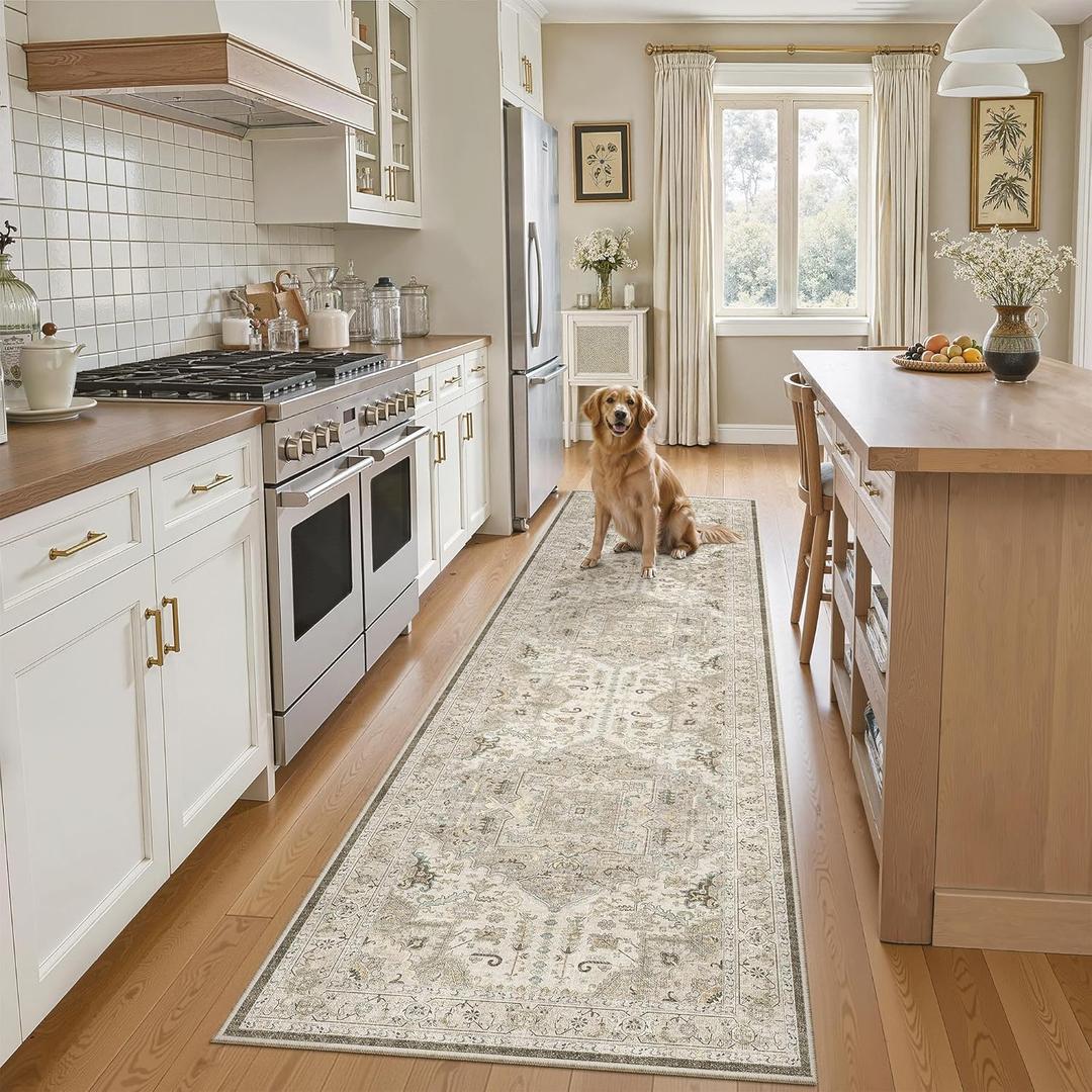 Madane Washable Runner Rug - 2x8 Runners for Hallways Kitchen Non-Slip Runner Rugs Ultra-Thin Laundry Room Rug Throw Carpet Runner for Entrance Living Dinning Room Foyer (Ivory/Brown, 2 x 8)