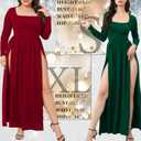 SILUI Women's Square Neck Double High Slit Long Sleeve Sexy Plus Size Sundresses Thigh Split Club Party Maxi Dresses (Black, L)