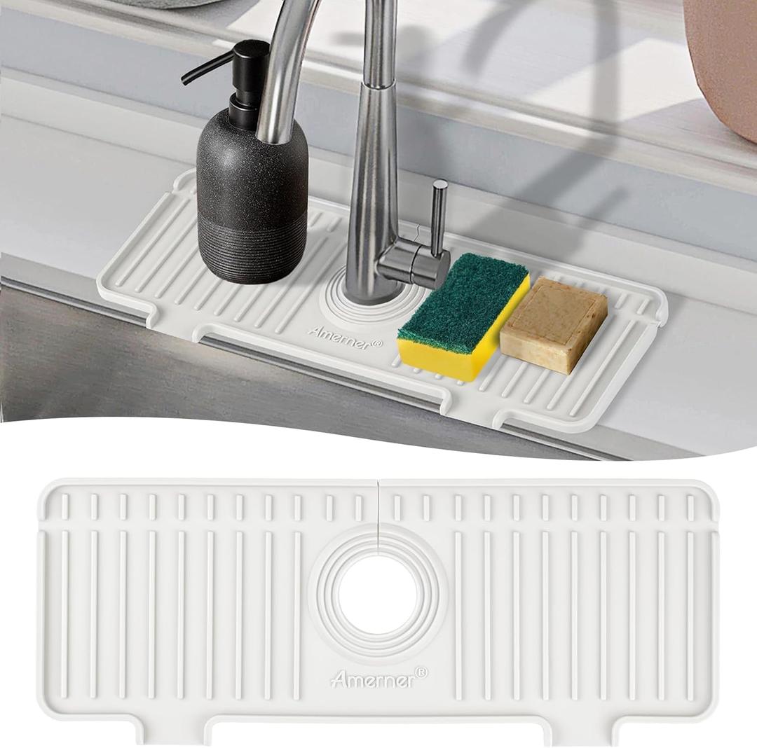 Amerner Kitchen Sink Splash Guard, Silicone Faucet Guard & Draining Mat, Bathroom and Kitchen Sink Organizer, Sink Faucet Mat Water Splash Guard Behind Faucet Accessories Gadgets, 14.2 x 5.1, White