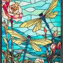 Stained Glass Window Hanging, Dragonfly Suncatchers for Windows Hanging, Handcrafted Sun Catchers Indoor Window Panel for Home Decor, Gift for Mom, Wife, Friends, Rectangular W10 xH15 (Yellow Dragonfly With Morning Glory Flowers)
