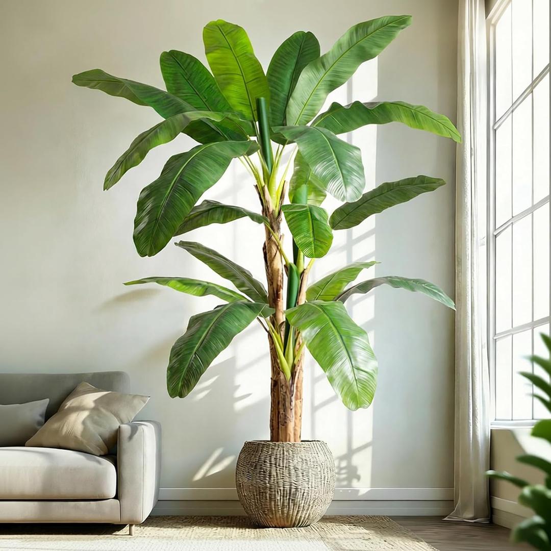 7ft Extra Tall Artificial Banana Tree, Fake Banana Leaf Plant with 19 Faux Banana Leaves, Perfect for Home Indoor Outdoor Patio Office Tropical Decor