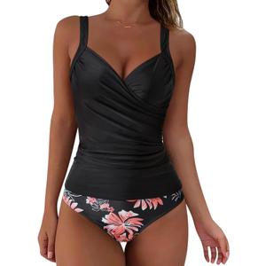 SUUKSESS Women Slimming High Waisted Tummy Control Tankini Swimsuit Sexy Wrap Push Up V Neck Bathing Suits 2 Piece (Vintage Black Floral, XL)