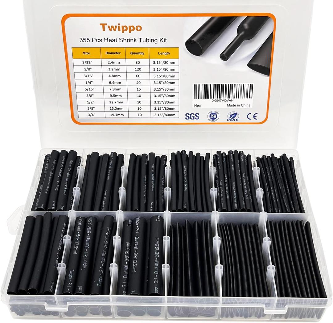 Heat Shrink Tubing Kit 355pcs - 3:1 Dual Wall Adhesive Lined - Electrical Waterproof Industrial Heat-Shrink Tubing Terminals- Marine Grade Wire Connector Shrink Wrap Tube - 3.15" Length - Black