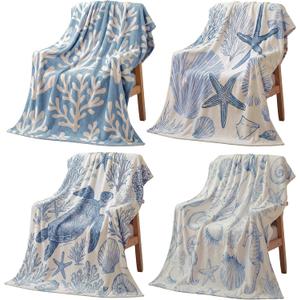 Frienda 4 Pcs Nautical Coastal Throw Blanket Beach Soft Lightweight Fleece Ocean Themed Starfish Seashell Coral Sea Turtle Seahorse Pattern Cozy Flannel Blanket Gift Sofa Couch Bed Room Decor 50x60 (Blue, White, and Gray Tones)