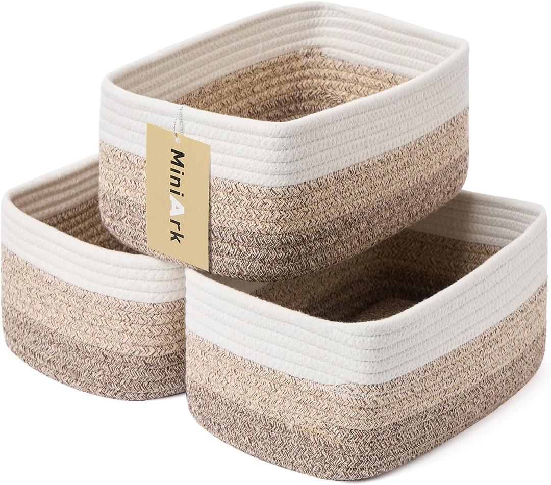 MiniArk Small Storage Baskets for Organizing | Closet Organizer Bins | Shelf Toy Basket | Woven Rope Baskets | Cube Decorative Box | Shallow Basket |11.5x7.5x4.7| 3 Packs Gradient Brown