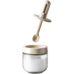 PREMIUS Telescopic Spoon Spice Seasoning Glass Container Jar, Silicone Ring for Locking in Freshness, Expanding Spoon to Scoop out Ingredients, Perfect for Jams, Spices, Honey’s, White, 10.15 Ounces Pack of 6