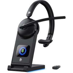 Wireless Headset with Mic for Work, Wireless Headset with Microphone (Noise Cancelling), Smart Mult-Func Dock, 65H Worktime&Fast Charge Bluetooth Headphones for Work/PC/Computer/Call Center/Teams/Zoom (Black)