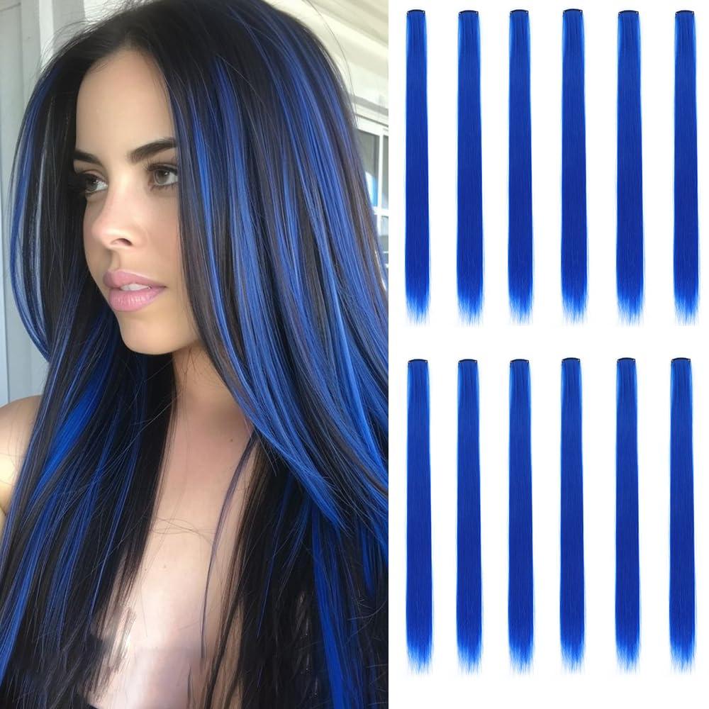 12 Pcs Crystal Blue hair extensions 22 Inch Straight colored hair colorful clip in extensions Highlight Party for Kids Girls and Women Gift(Crystal Blue,33)