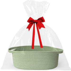 Small Baskets for Gifts Empty, 13"x 9"x 5" Woven Gift Basket with Bag and Ribbon, Cotton Rope Kids Dog Cat Toy Bin Box, Cute Baby Nursery Organizer, Decorative Storage with Handles, Green