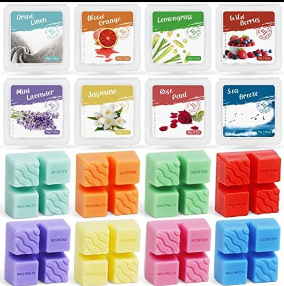 Pack Of 2 BAUFULLA Scented Wax Melts, Soy Wax Warmer Cubes, 8 Scents of Jasmine, Mint Lavender, Wild Berries, Blood Orange, Lemongrass, Rose Petal, Dried Linen, Sea Breeze, Gift Set for Christmas, Housewarming