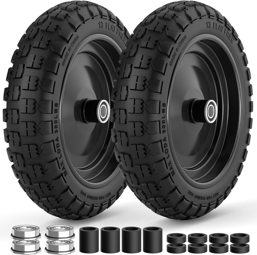 RONPOW 4.00-6 Flat Free Tire and Wheel, 13 Inch Solid Garden Wheelbarrow Tires, 300Lbs with 5/8" & 3/4" Axle Hole, 1"-3.5" Hub for Garden Cart, Wheelbarrow, Hand Truck, for Home Farm, 2Pcs Black
