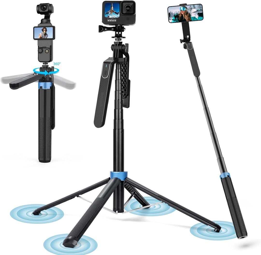 71" 4-Leg Selfie Stick Tripod for GoPro/Osmo Pocket 3/insta360/iPhone/Android, Cell Phone Tripod Stand with Remote & 360 Rotation Pan-Handle for Travel Vlogging Video Recording