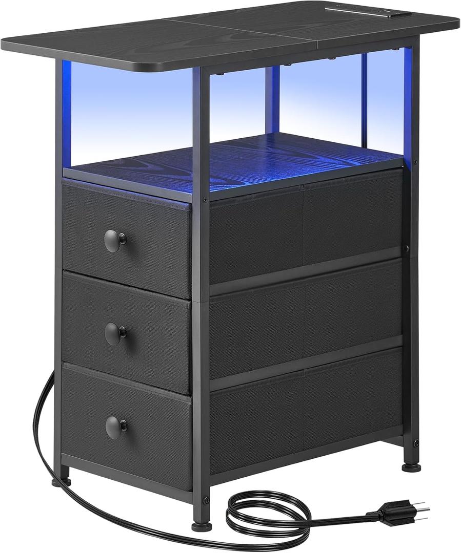 Narrow End Table with Charging Station, Narrow Side Table with 3 Fabric Drawers, Slim Nightstand with LED Light, Small Bedside Table with Storage, Living Room, Bedroom, Black HKET1303BK (Large(11.8" W x 23.6" D))
