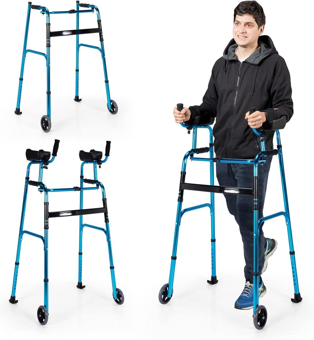 Goplus Walkers for Seniors, Foldable Standard Walker with 5 Wheels and Removable Padded Armrests 440lbs, Lightweight Walking Mobility Aid, Folding Platform Walker for Elderly, Handicap, Disabled (Blue + Black)