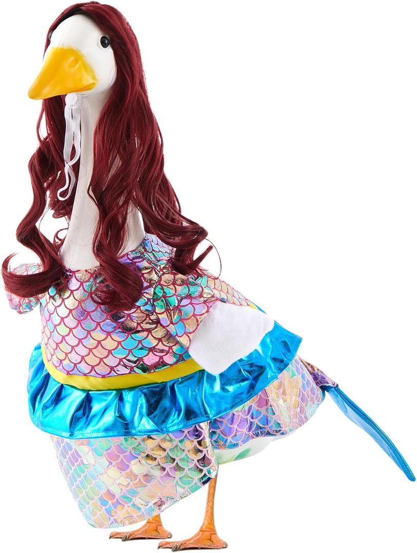 Mermaid Porch Goose Outfits with Wigs Halloween Mermaid Costume for 23 Inch Cement Porch Goose Statue Clothes for Holiday Halloween Christmas Outdoor Patio Yard Lawn Decoration