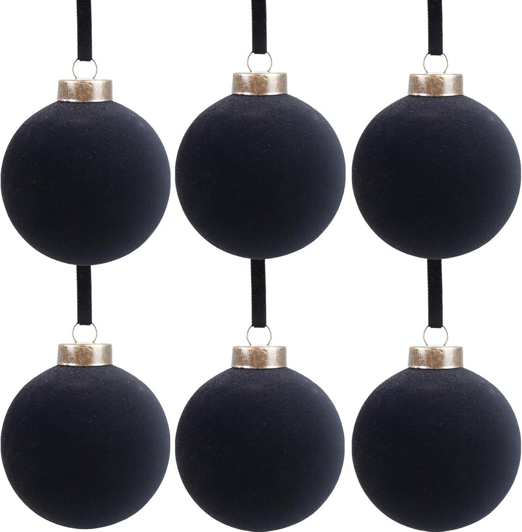 6 Pcs Velvet Christmas Balls Bulk Shatterproof Plastic Christmas Tree Decorations for Decorative Hanging Baubles (6, Black, 3.94Inch)