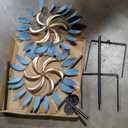 Solar Powered Dual-Sided Rotating Wind Spinner, Blue Leaf Windmill Garden Decor, Outdoor Yard Art Sculpture, Metal Iron Kinetic Spinner for Patio Lawn Landscape