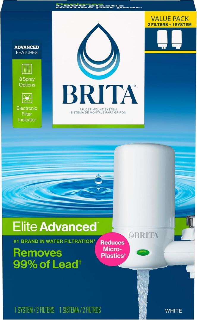 Brita Faucet Mount Water Filter System, White, No-Wait Filtration, Easy Install, Multi-Use Tap Water Filter for Kitchens, Bathrooms & Small Spaces